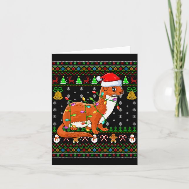 Cartão Weasel Christmas Lights Funny Santa Ugly Sweaters  (Frente)