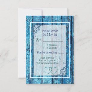 Cartão Wedding de madeira antigo azul de RSVP