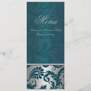 Cartão Wedding do menu do damasco II da prata e d