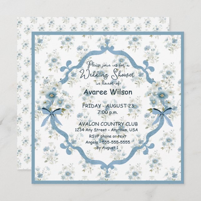 Cartão Wedding Shower in Blue Floral (Frente/Verso)