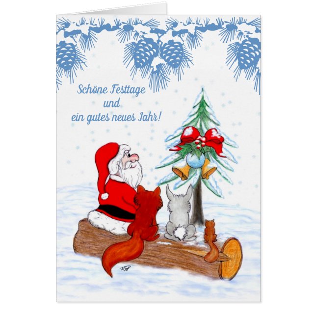 Cartão Weihnachtsmann Kaninchen Fox Eichhörnchen, Deutsch (Frente)