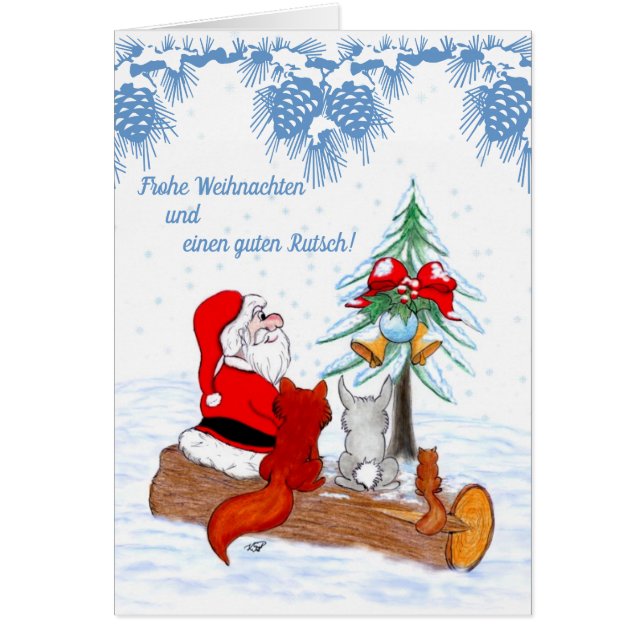 Cartão Weihnachtsmann mit Kaninchen Fox und Eichhörnchen (Frente)