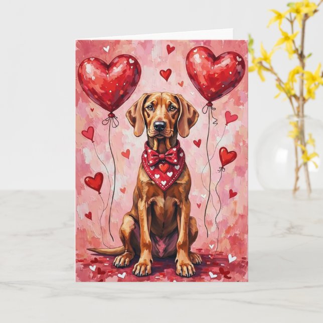 Cartão Weimaraner Valentine Dog Sitting with Hearts Red (Flor Amarela)