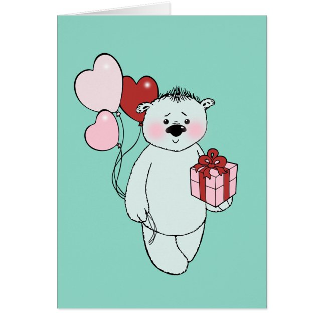 Cartão Weißer Teddybär mit einem Geschenk e Luftballons (Frente)