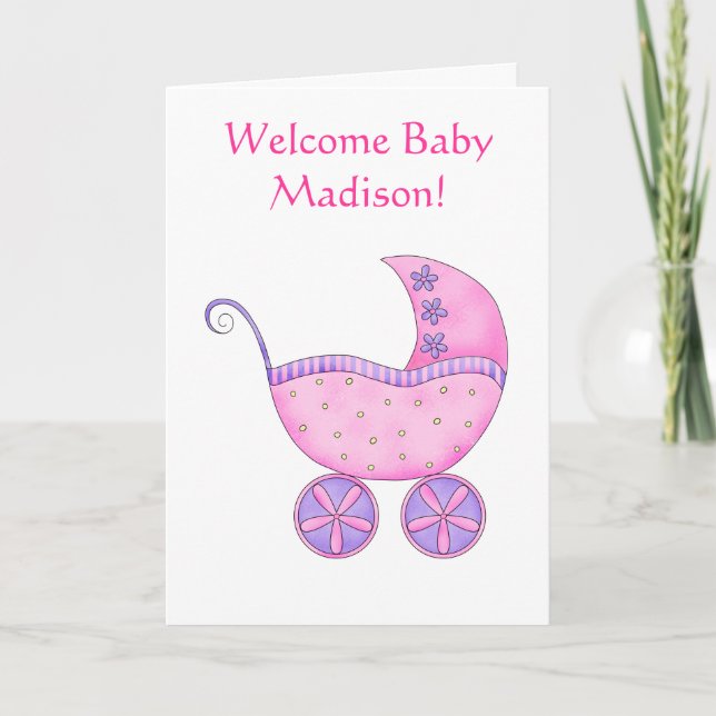 Cartão Welcome Baby Girl Name Personalized Pink Buggy (Frente)