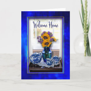 Cartão Welcome Home Sunflowers  with Vintage Blue Tea Set