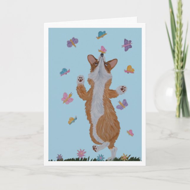 Cartão  Welsh Corgi e Borboletas Feliz Páscoa  (Frente)