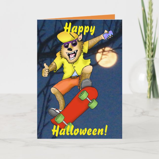 Cartão Werewolf Skateboarder Halloween Greeting Card (Frente)