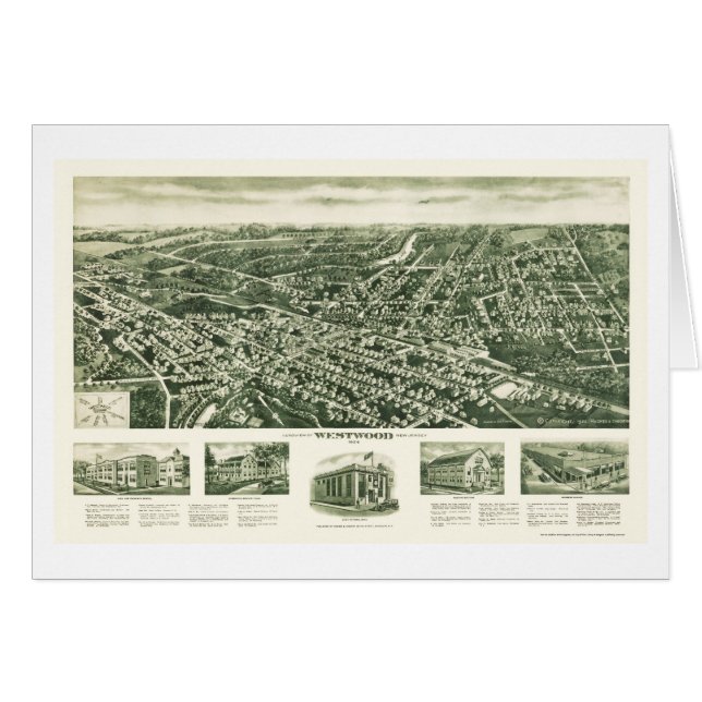 Cartão Westwood, mapa panorâmico de NJ - 1924 (Frente Horizontal)
