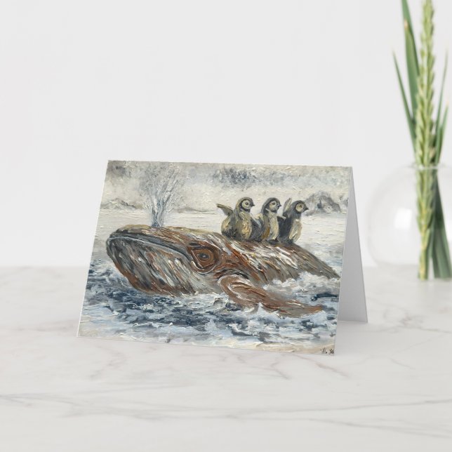 Cartão Whale Riders Whimsical Whale and Penguin Ocean (Frente)