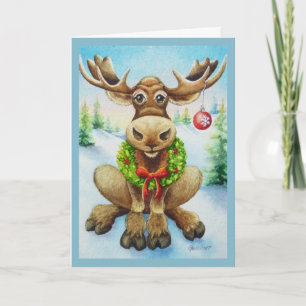 Cartão Whimical Winter Christmas Moose Watercolor Art