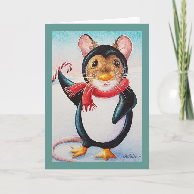 Cartão Whimsic North Pole Penguin Mouse Watercolor Art (Frente)