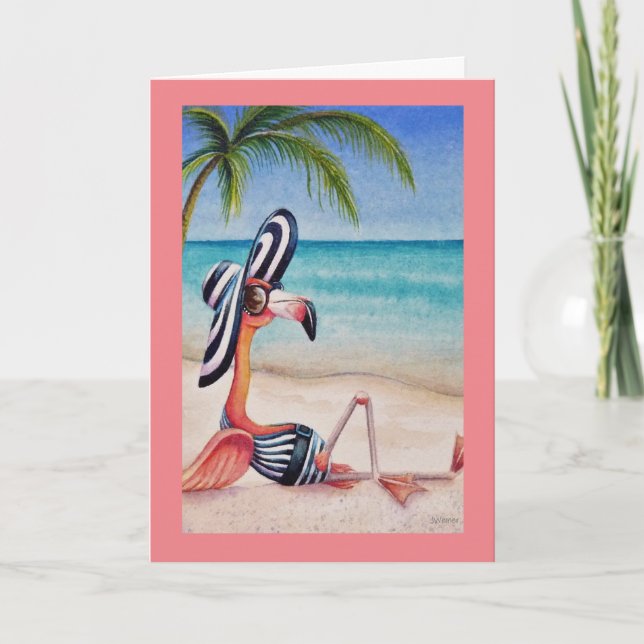 Cartão Whimsical Beach Babe Pink Flamingo No 1 Art (Frente)