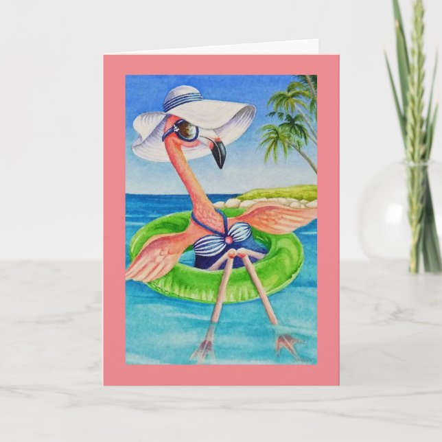 Cartão Whimsical Beach Babe Pink Flamingo No 3 Art (Frente)
