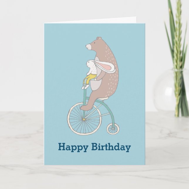 Cartão Whimsical Bunny and Bear Happy Birthday (Frente)