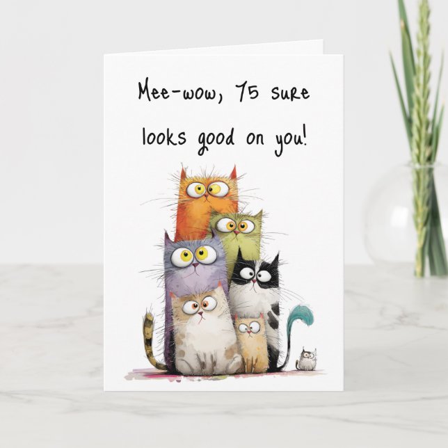 Cartão Whimsical Cats Big Eyes 75th Birthday Greeting (Frente)