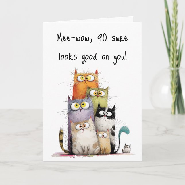 Cartão Whimsical Cats Big Eyes 90th Birthday Greeting (Frente)