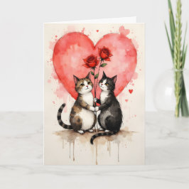 Cartão Whimsical Cats Valentine Hearts and Red Roses