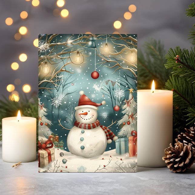Cartão Whimsical Christmas Snowman in Winter Forest (A snowman celebration wrapped in cozy winter magic and vintage joy)