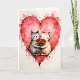 Cartão Whimsical Cute Cats Valentine Hearts and Red Roses
