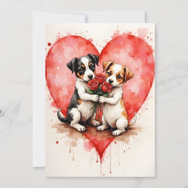 Cartão Whimsical Cute Dogs Valentine Hearts and Red Roses (Frente)