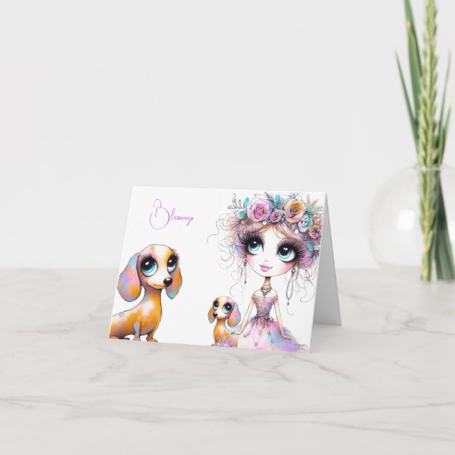 Cartão Whimsical Dachshund Blessings (Frente)