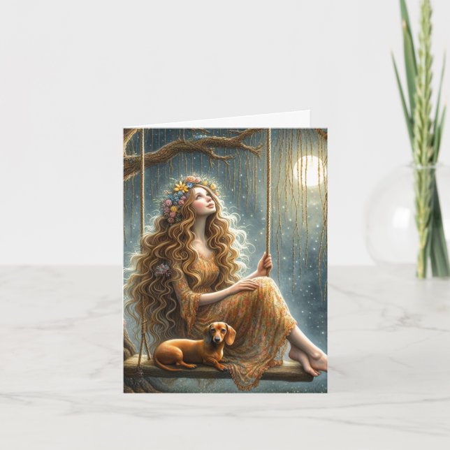 Cartão Whimsical Dachshund e Girl baixáveis (Frente)