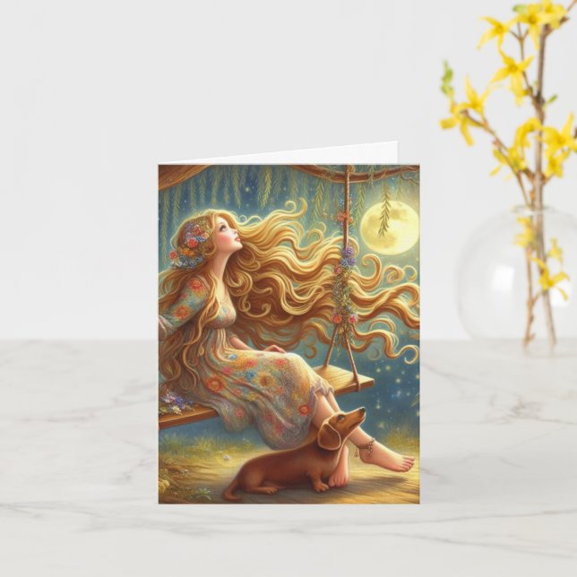 Cartão Whimsical Dachshund e Girl baixáveis (Flor Amarela)