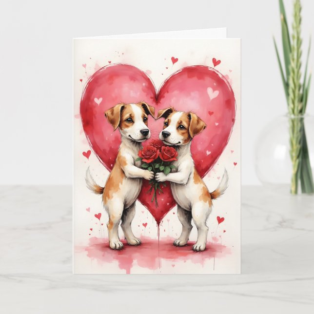 Cartão Whimsical Dogs Valentine Hearts and Red Roses (Frente)