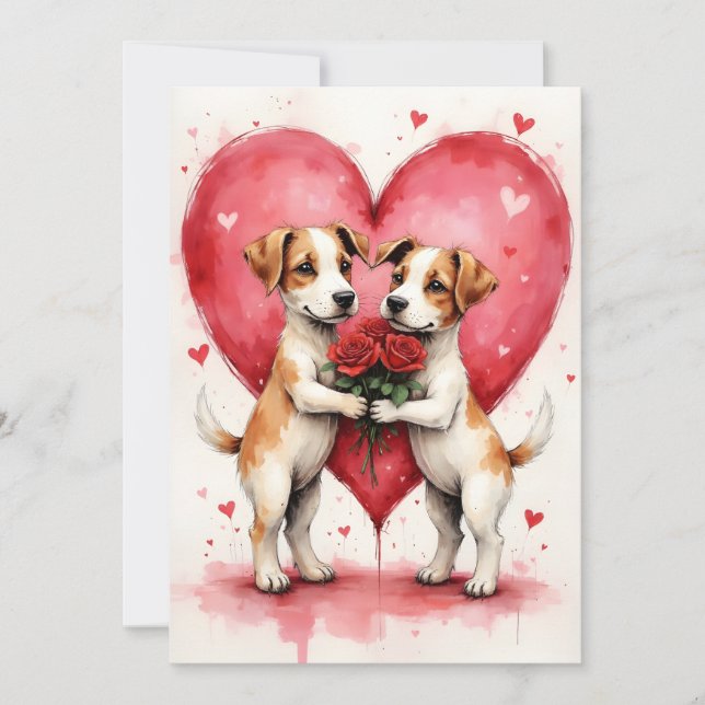 Cartão Whimsical Dogs Valentine Hearts and Red Roses (Frente)