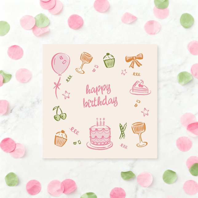 Cartão Whimsical Doodle Sketches Happy Birthday (Criador carregado)