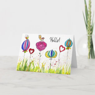 Cartão Whimsical Flowers and a Bird Greeting Card