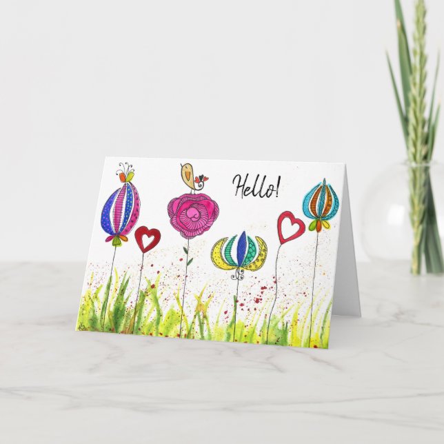 Cartão Whimsical Flowers and a Bird Greeting Card (Frente)
