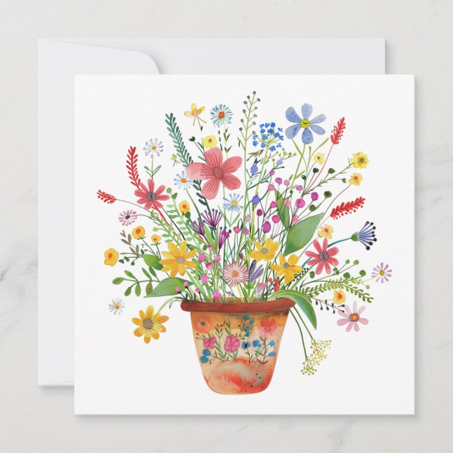 Cartão Whimsical Flowers in Pot Cheer Thinking of You (Frente)