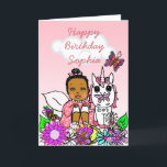 Cartão Whimsical Folk Art Fairy Girl Happy Birthday<br><div class="desc">A pretty African-American,  Hispanic,  Hawaiian,  Latino girl  fairy and whimsical folk arr flowers and butterflies card for a little girl. personalize it by adding the child's name in the customize area. Coral,  Pink,  purple,  yellow,  teal,  and all different beautiful bright happy colors.</div>