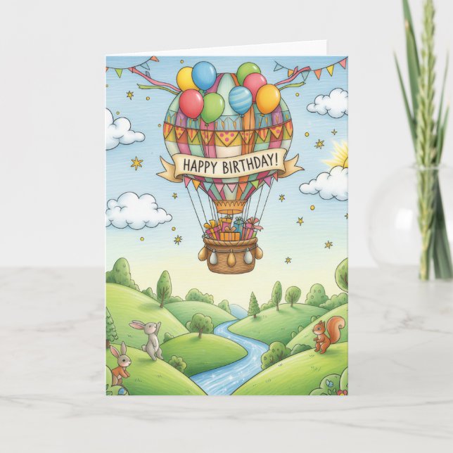Cartão Whimsical Hot Air Balloon Woodland Birthday Card (Frente)