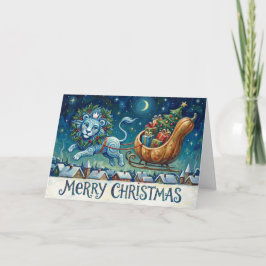 Cartão Whimsical Lion Pulling Sleigh Christmas Card
