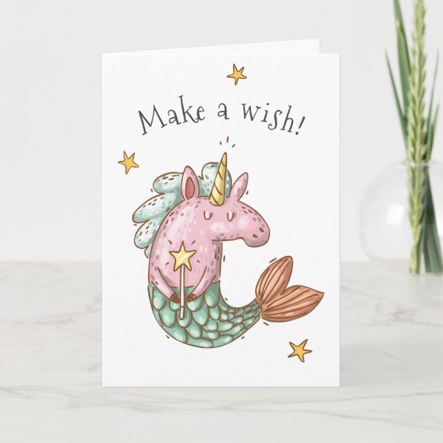 Cartão Whimsical Mermaid Unicorn Make a Wish Birthday (Frente)