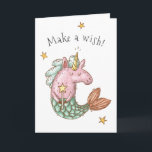 Cartão Whimsical Mermaid Unicorn Make a Wish Birthday<br><div class="desc">A cute whimsical birthday card for her, this design has an adorable illustration of a mermaid unicorn waving a magic wand on the front of the card with "Make a wish!" text that you can edit or keep as is. Inside the card is a colorful rainbow in the clouds with...</div>