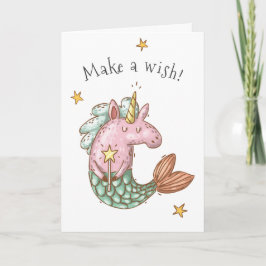 Cartão Whimsical Mermaid Unicorn Make a Wish Birthday