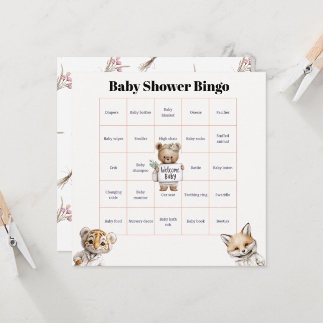 Cartão Whimsical Pajama Animals: Baby Shower Bingo (Frente/Verso In Situ)