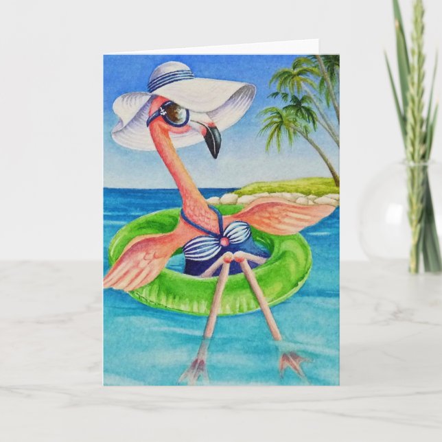 Cartão Whimsical Pink Flamingo No. 3 Aquarela Art (Frente)