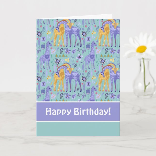 Cartão Whimsical Purple Teal Yellow Giraffes Pattern (Planta pequena)