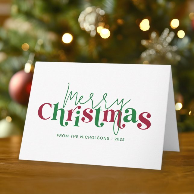 Cartão Whimsical Retro Merry Christmas with Family Name (Personalize with your name and family annual message!)