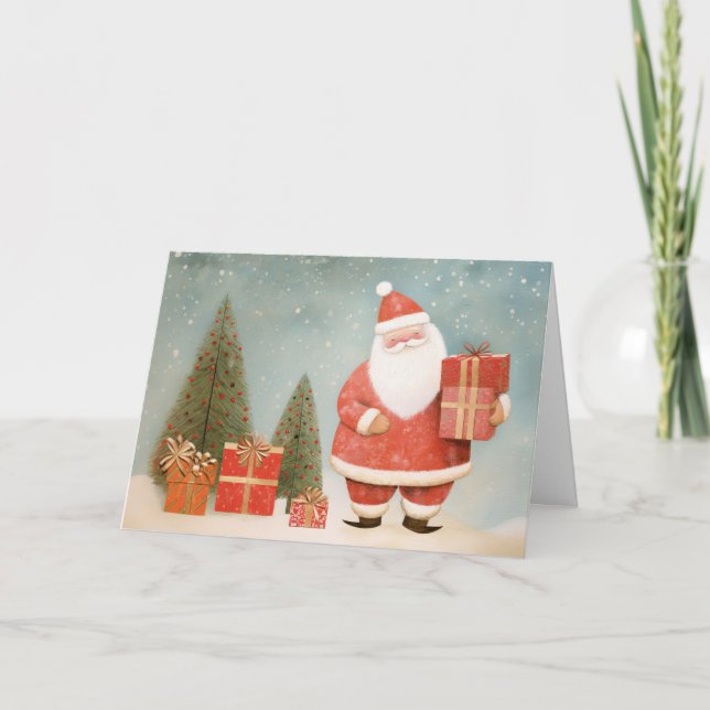 Cartão Whimsical Santa Claus with Christmas Tree & Gifts (Frente)