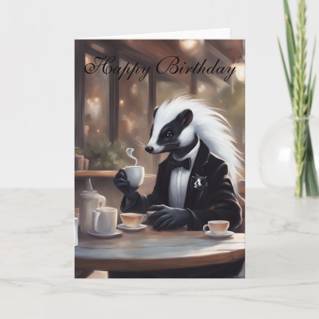 Cartão Whimsical Skunk in a coffee shop birthday (Frente)