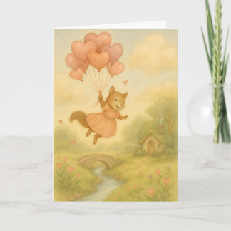 Cartão Whimsical Squirrel with Heart Balloons Valentine 