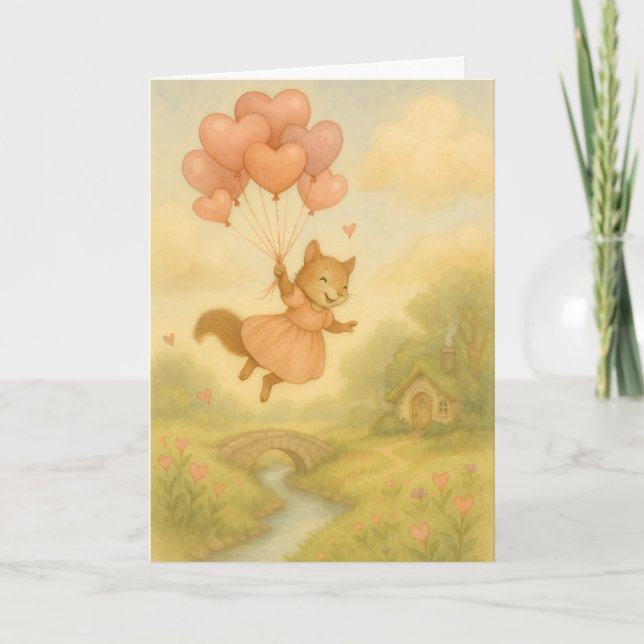 Cartão Whimsical Squirrel with Heart Balloons Valentine  (Frente)