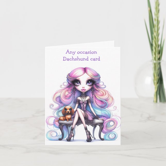 Cartão Whimsical Wide Eye Girl and Dachshund Card (Frente)