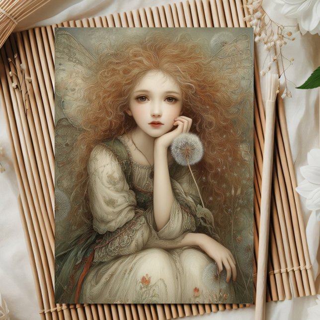 Cartão Whimsical Woodland Fairy Portrait with Dandelion  (Criador carregado)